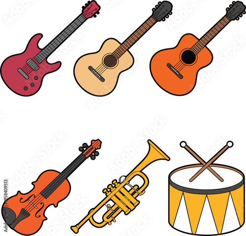Musical instruments collection with electric guitar, acoustic guitars, violin, trumpet and drum kit vector illustration