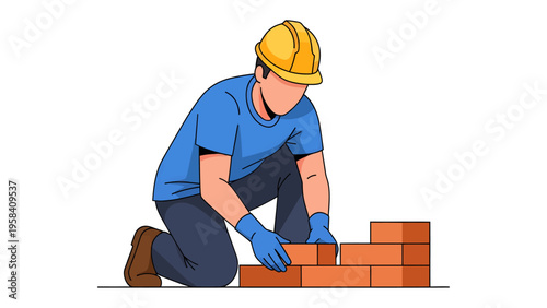 Bricklayer at Work: A diligent bricklayer, donned in a hardhat, focuses intently on meticulously laying bricks, a symbol of construction and the art of building.