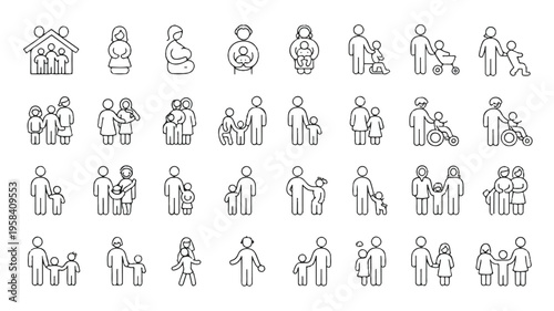 line icons of people and families in various relationships and activities