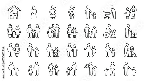 line icons of people and family relationships  various interactions