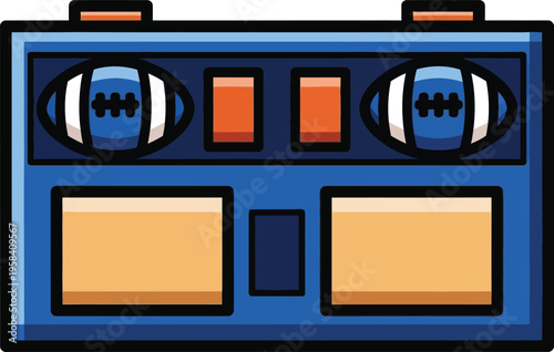 Blue and orange electronic scoreboard graphic displays football icons ready for game time statistics.