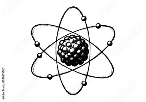 Stylized atomic model with nucleus and orbiting electrons in a sketch style