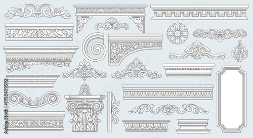 Collection of decorative architectural elements, ornate borders, and ornamental scrollwork showcasing classical design motifs and intricate detailing