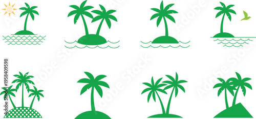 Tropical Paradise Icons: An array of palm tree icons, each depicting a unique island scene with lush greenery and tranquil waters, evoking the essence of a tropical getaway.