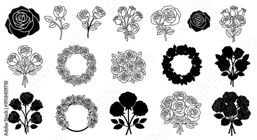 A beautiful collection of black and white rose floral graphic illustrations, showcasing various arrangements and styles for decorative and artistic purposes