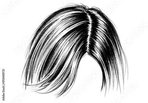 Stylized black and white illustration of healthy, shiny hair with a middle part