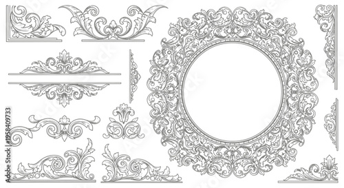 Elegant ornamental vintage flourishes and ornate circular frame with intricate swirls and floral elements, perfect for decorative design and graphic arts