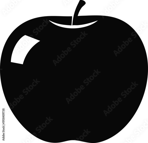 A simple, bold, black silhouette of a single apple, with a prominent stem, isolated on a white background, creating a clean and minimalist graphic representation of the fruit