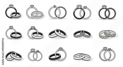 Collection of wedding and engagement rings, symbolizing love, commitment, and the union of two people in marriage, with various designs from simple bands to ornate settings