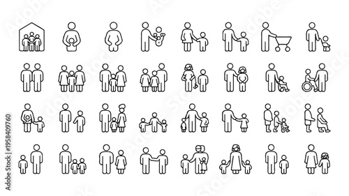 line icons of people in various family relationships and activities