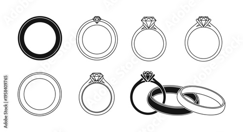 Collection of various ring designs including plain bands, diamond engagement rings, and stacked wedding bands, presented in a clean vector illustration style for versatile design applications