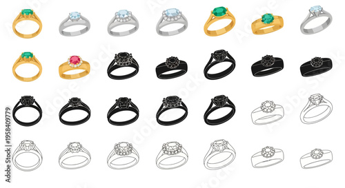 Collection of various diamond and gemstone engagement rings in different styles and colors, presented in a clean, high-contrast visual