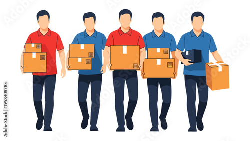 Delivery Team in Uniform: A united delivery team stands ready, each member carrying a selection of packages, embodying service and reliability in the world of logistics and distribution.
