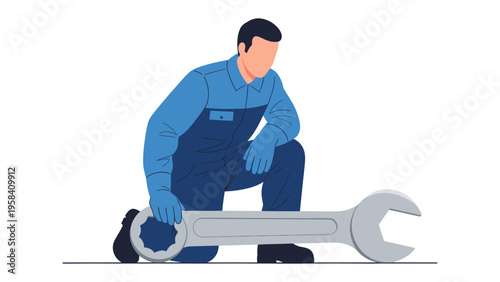 Mechanic with Giant Wrench: A skilled mechanic kneels, confidently wielding an oversized wrench, ready to tackle any mechanical challenge.