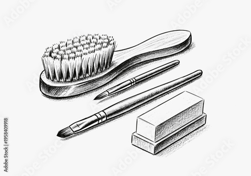 Sketch of grooming tools including a brush and makeup applicators