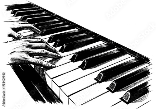 Close-up sketch of hands playing piano keys with dramatic black and white contrast