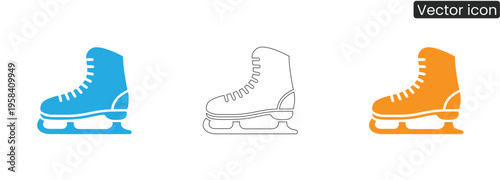 A set of vector icons featuring ice skating boots in blue, black, and orange colors, ideal for sports, winter, or activity-related projects.