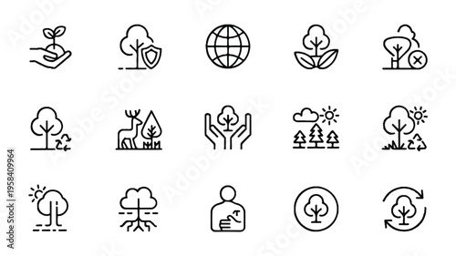 line style eco icons with trees and globe and animals and hands and sun isolated on white background