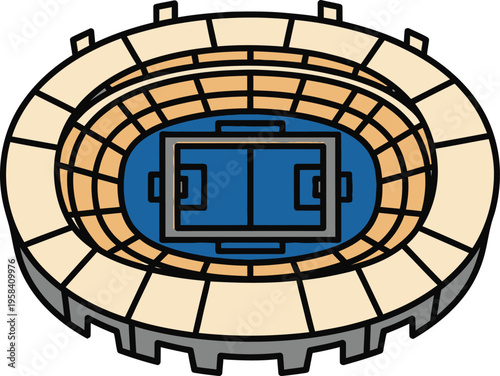Stadium illustration shows the overhead view of a large circular arena designed for field sports like football or soccer.