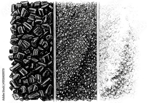 Abstract monochrome illustration of charcoal texture progression from solid chunks to fine dust