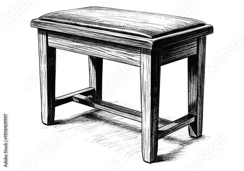 Hand-drawn illustration of a wooden stool with a padded seat and crossbars