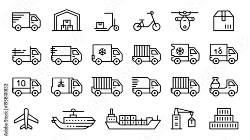 Logistics and transportation icons set with trucks ships airplanes and delivery vehicles