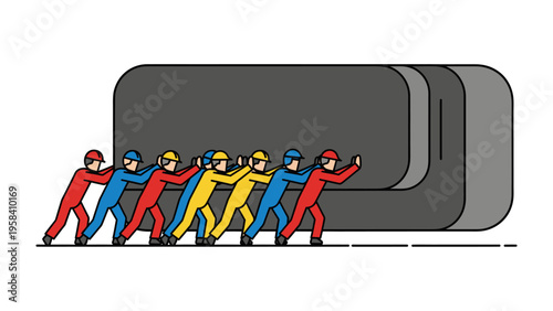 Teamwork and Industry: A group of individuals in uniform work together to move a large object, symbolizing collaboration, effort, and the power of unity in achieving goals.