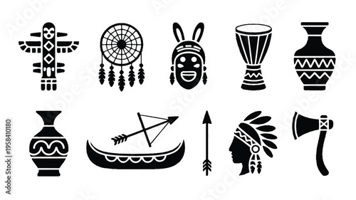 Native American cultural symbols and objects in black silhouettes on white background