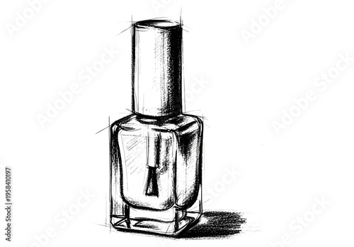 Hand-drawn sketch of a classic glass nail polish bottle with applicator brush