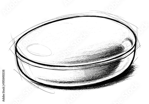 Hand-drawn sketch of an oval container with a lid and textured shading