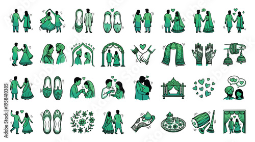 Indian Wedding Illustrations in Hand-Drawn Style. A collection of South Asian marriage icons, including couple, mehndi, dhol, kalash, jutti, mandap, bangles, henna