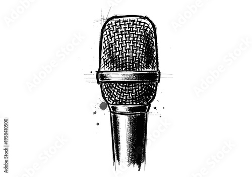 Hand-drawn microphone illustration with a grunge artistic style and ink splatters