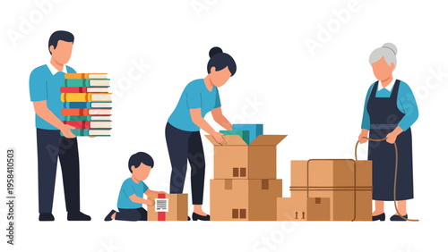 New Beginning: A family, together in a new chapter, unboxes their lives, symbolising relocation and fresh beginnings. Together, their story begins.