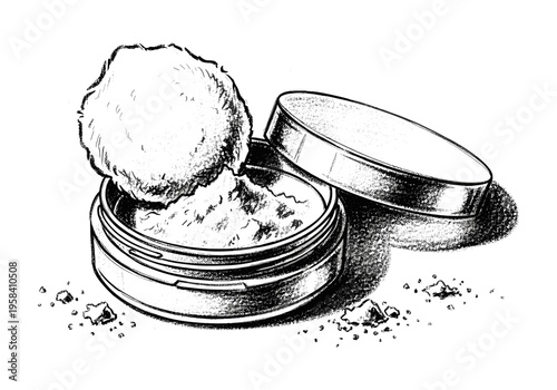 Loose powder makeup in a round container with a fluffy applicator puff