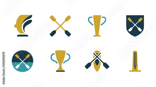 Rowing sports icons with trophies and oars on white background