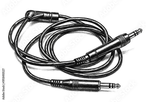 Detailed illustration of a coiled audio cable with two jack connectors