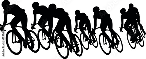 Cyclists racing silhouettes group, road cycling competition concept, professional athletes riding bicycles in peloton, isolated black figures on white background