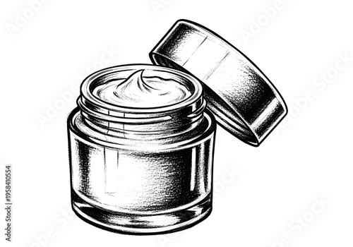 Open jar of luxurious cream with swirling texture and detached lid