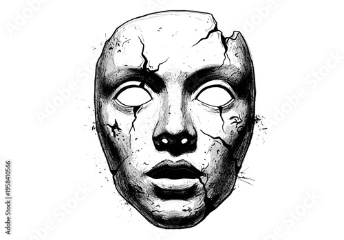 Cracked and broken theatrical mask with empty eye sockets and distressed texture