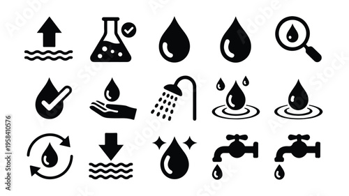 set of black and white icons depicting water and liquid concepts