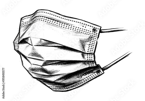 Sketch of a disposable medical face mask with ear loops on a white background