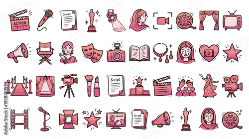 Cinema Doodle Icons in Pink Style. A collection of Bollywood Linear Icons, Including clapperboard, award, camera, actress, script, spotlight, film reel, red carpet, megaphone