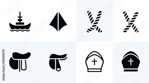 set of black and white icons including boat hat candy and medical symbols on light background