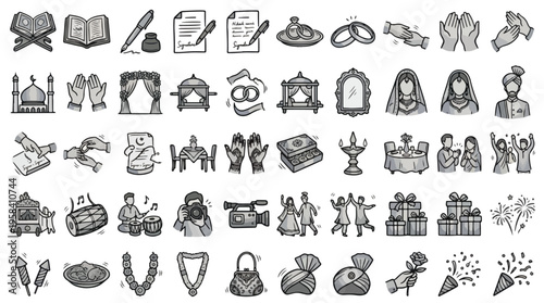 Muslim Wedding Icon Set in Hand-Drawn Doodle Style. A collection of Islamic marriage ceremony linear icons, including Nikah, Quran, rings, Mehndi, bride, groom, mosque, Palki