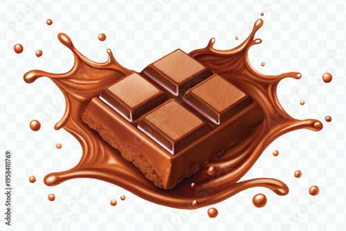abstract 3d chocolate bar into liquid chocolate splash with bubbles in curve style isolated on transparent background