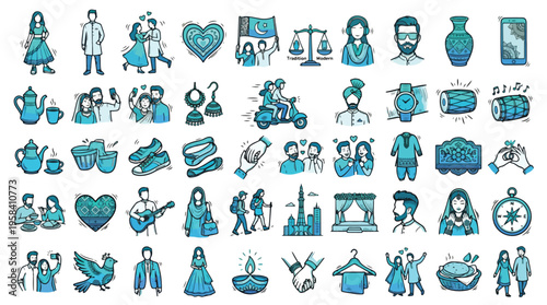 Pakistani Culture Icon Set in Hand-Drawn Doodle Style. A collection of Pakistani Icons, Including flag, dhol, wedding, tea, couple, minar, henna, prayer, food, sherwani, jewelry