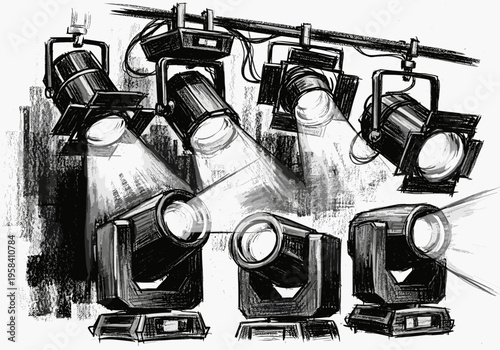 Dramatic stage lighting equipment illuminates a dark background with bright beams of light