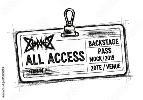 Hand drawn all access backstage pass with a punk rock aesthetic
