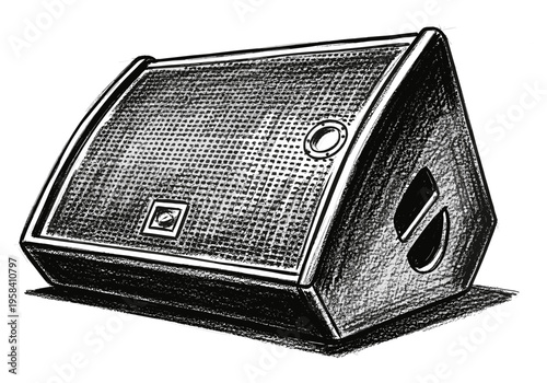 Monochrome sketch of a wedge stage monitor speaker on a white background