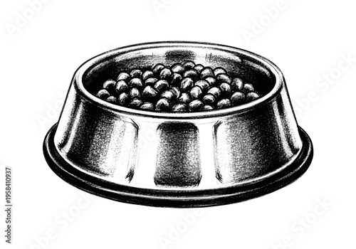 Hand-drawn illustration of a full metal pet bowl filled with kibble